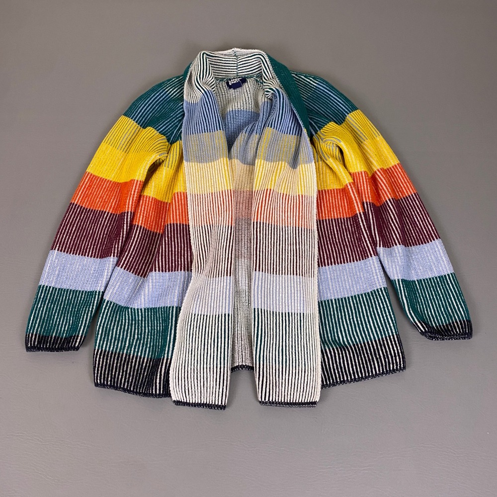 Lands End Drifter Cardigan Women's Petite Large LP Rainbow Stripe Cotton Sweater